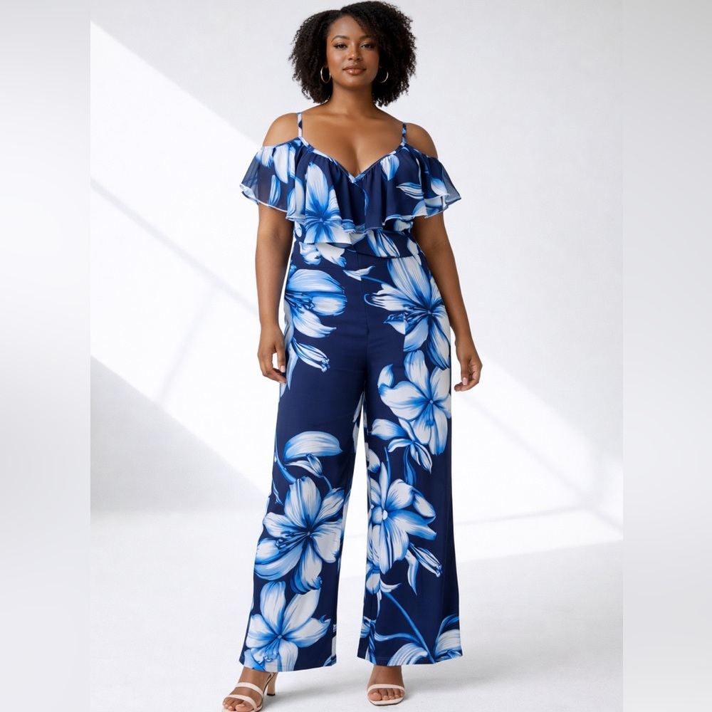 K Jordan Navy Floral Off-Shoulder Wide-Leg Jumpsuit | 2X